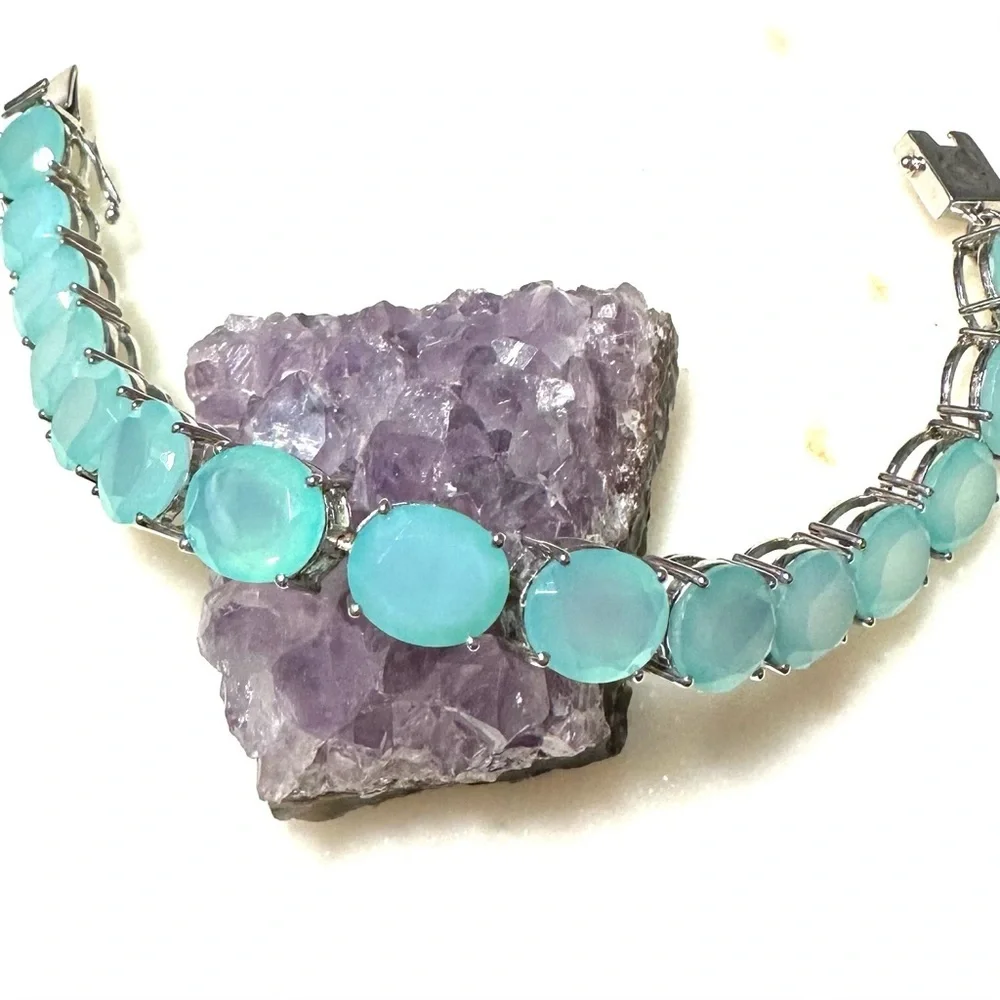 Oval Faceted Aqua Blue Chalcedony Sterling Silver Line Tennis Bracelet 12mm